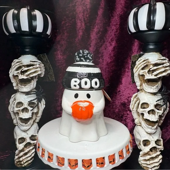 Madison House Halloween Ghost Boo Candle w/Fuzzy Pom Pom Hat&Mini Pumpkin Candle - Picture 1 of 12